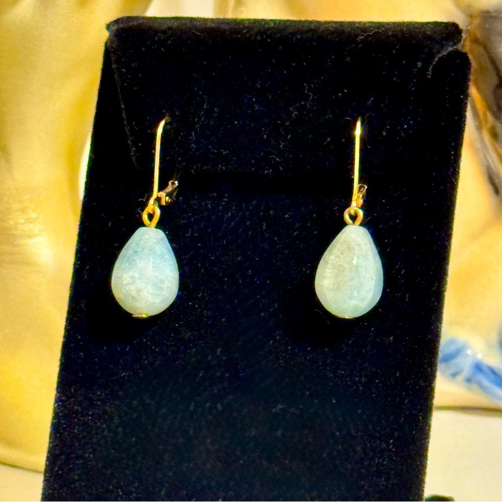 Blue Chalcedony and Gold Leaver Back Drop Dangle Earrings Natural Stones - Picture 5 of 7